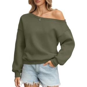 Womens Fleece Sweatshirts Oversized Off The Shoulder Pullover Tops Casual Long Sleeve Comfy Fall Outfits 2026(Army Green)