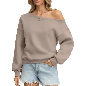 Womens Fleece Sweatshirts Oversized Off The Shoulder Pullover Tops Casual Long Sleeve Comfy Fall Outfits 2026(Coffeegrey)