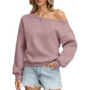 Womens Fleece Sweatshirts Oversized Off The Shoulder Pullover Tops Casual Long Sleeve Comfy Fall Outfits 2026(Dark Pink)