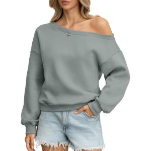 Womens Fleece Sweatshirts Oversized Off The Shoulder Pullover Tops Casual Long Sleeve Comfy Fall Outfits 2026(Dusty Green)