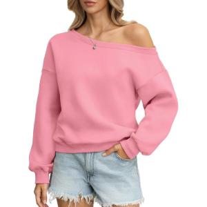 Womens Fleece Sweatshirts Oversized Off The Shoulder Pullover Tops Casual Long Sleeve Comfy Fall Outfits 2026(Pink)