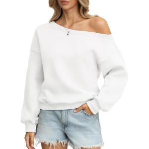 Womens Fleece Sweatshirts Oversized Off The Shoulder Pullover Tops Casual Long Sleeve Comfy Fall Outfits 2026(White)
