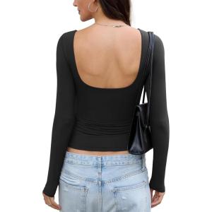 Womens Open Back Double Lined Top Long Sleeve Y2K Going Out Top Sexy Backless Boat Neck Shirt Spring Fall Tee(Black)