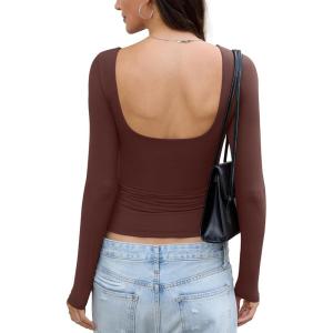 Womens Open Back Double Lined Top Long Sleeve Y2K Going Out Top Sexy Backless Boat Neck Shirt Spring Fall Tee(Brown)