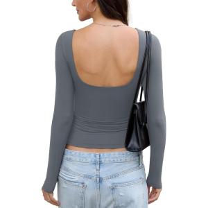 Womens Open Back Double Lined Top Long Sleeve Y2K Going Out Top Sexy Backless Boat Neck Shirt Spring Fall Tee(Gray)