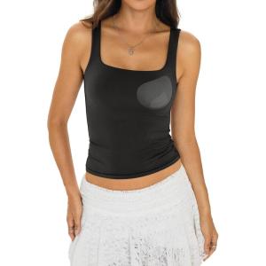 Womens Padded Double Lined Tank Tops Square Neck Built in Bra Crop Tops Low Back Fitted Sleeveless Summer Outfits(Black)