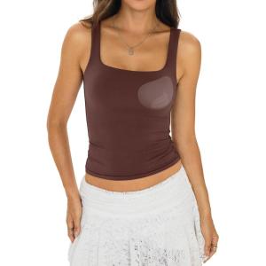 Womens Padded Double Lined Tank Tops Square Neck Built in Bra Crop Tops Low Back Fitted Sleeveless Summer Outfits(Brown)