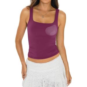 Womens Padded Double Lined Tank Tops Square Neck Built in Bra Crop Tops Low Back Fitted Sleeveless Summer Outfits(Dark Purple)