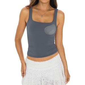 Womens Padded Double Lined Tank Tops Square Neck Built in Bra Crop Tops Low Back Fitted Sleeveless Summer Outfits(Grey)