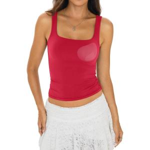 Womens Padded Double Lined Tank Tops Square Neck Built in Bra Crop Tops Low Back Fitted Sleeveless Summer Outfits(Red)