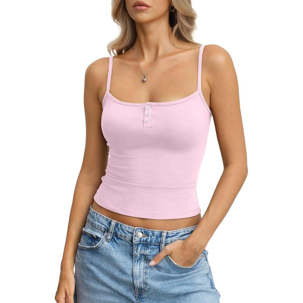 imageWomens Cotton Camisole Crop Tops Square Neck Henley Tank Tops Fitted Y2K Going Out Cami Shirt Summer FashionBaby Pink