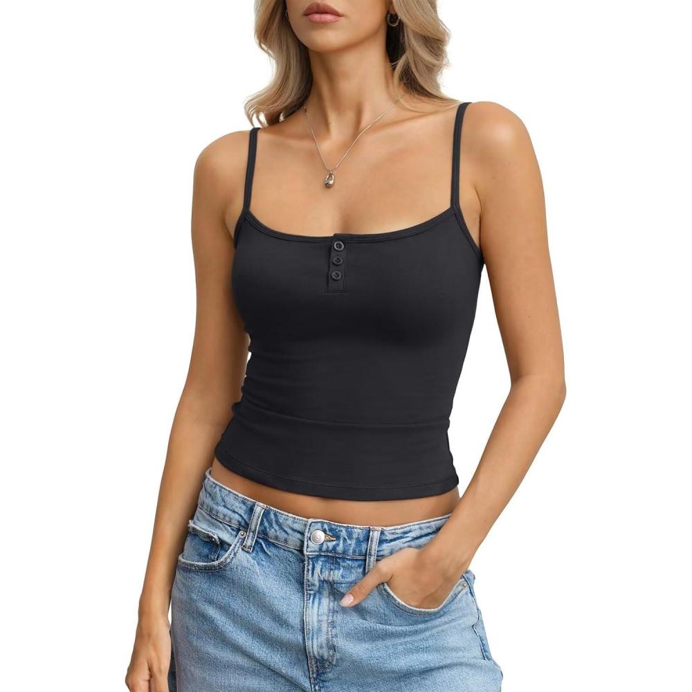imageWomens Cotton Camisole Crop Tops Square Neck Henley Tank Tops Fitted Y2K Going Out Cami Shirt Summer FashionBlack
