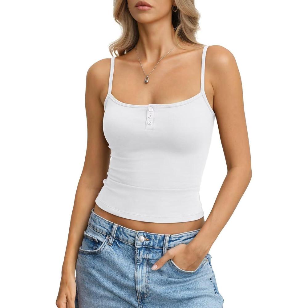 imageWomens Cotton Camisole Crop Tops Square Neck Henley Tank Tops Fitted Y2K Going Out Cami Shirt Summer FashionWhite