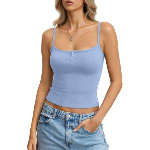 Womens Cotton Camisole Crop Tops Square Neck Henley Tank Tops Fitted Y2K Going Out Cami Shirt Summer Fashion(Baby Blue)