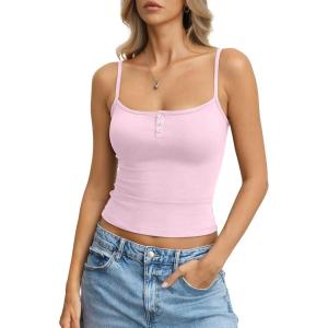 Womens Cotton Camisole Crop Tops Square Neck Henley Tank Tops Fitted Y2K Going Out Cami Shirt Summer Fashion(Baby Pink)