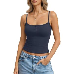 Womens Cotton Camisole Crop Tops Square Neck Henley Tank Tops Fitted Y2K Going Out Cami Shirt Summer Fashion(Navy Blue)