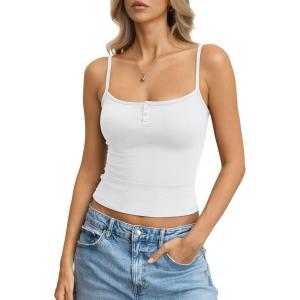 Womens Cotton Camisole Crop Tops Square Neck Henley Tank Tops Fitted Y2K Going Out Cami Shirt Summer Fashion(White)