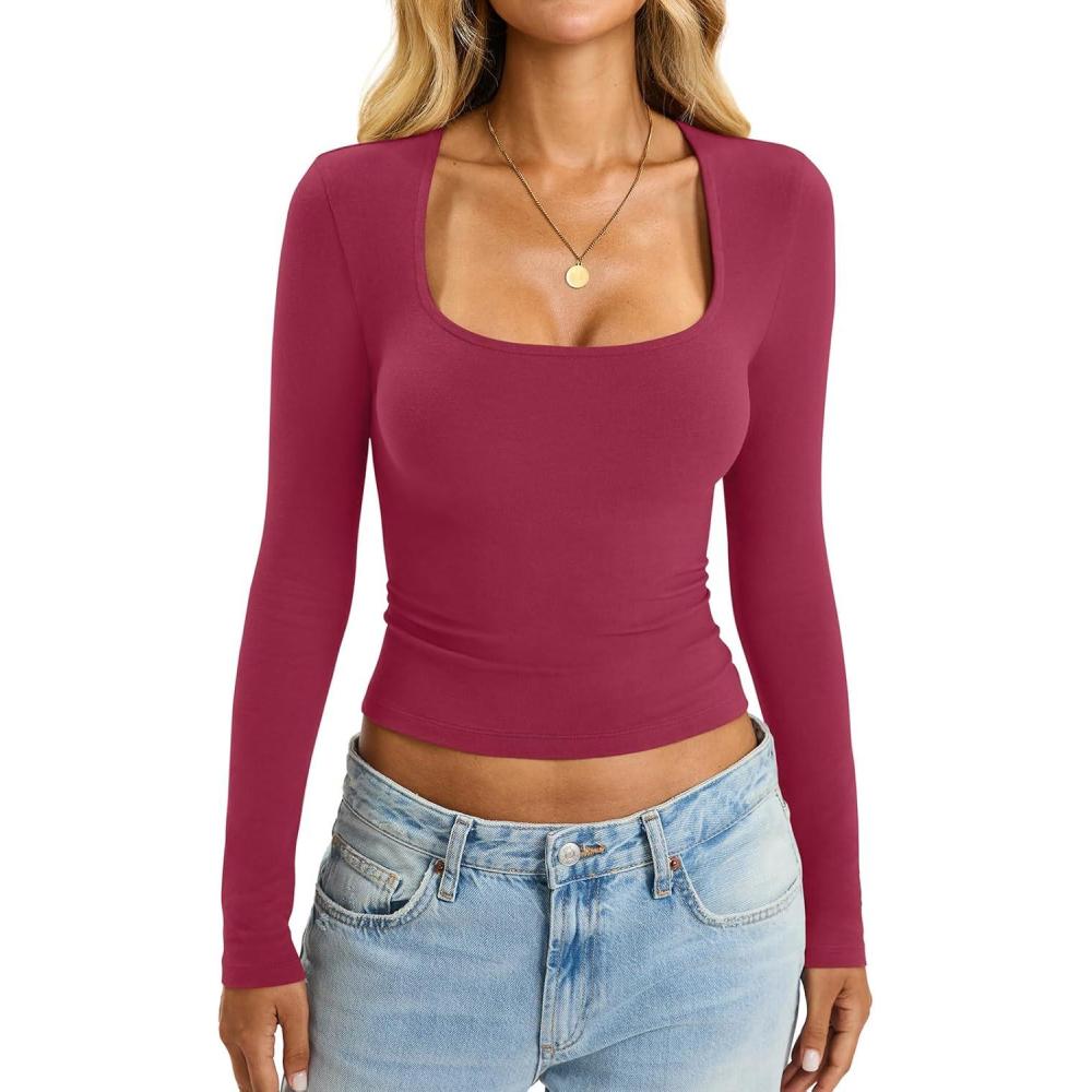 image:imageWomens Cotton Tops Long Sleeve T Shirts Square Neck Y2k Tops Slim Fit Going Out Fall Fashion Clothes 2025Magenta