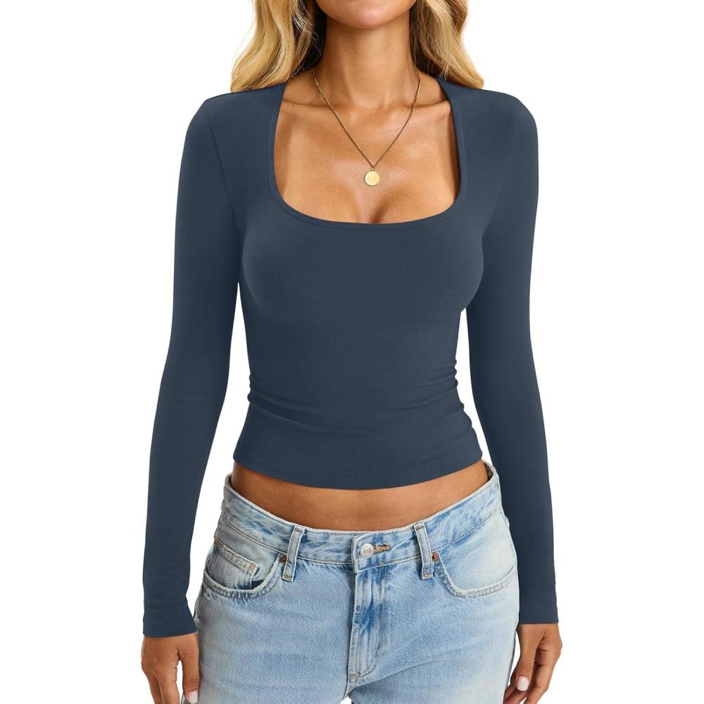 image:imageWomens Cotton Tops Long Sleeve T Shirts Square Neck Y2k Tops Slim Fit Going Out Fall Fashion Clothes 2025Navy Blue