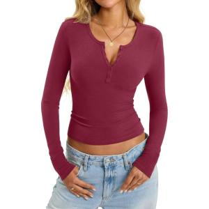 Womens Cotton Long Sleeve Shirts V Neck Henley Tops Slim Fit Basic Going Out Tshirts Fall Fashion Outfits 2025(Magenta)