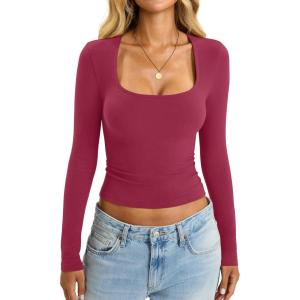 Womens Cotton Tops Long Sleeve T Shirts Square Neck Y2k Tops Slim Fit Going Out Fall Fashion Clothes 2025(Magenta)