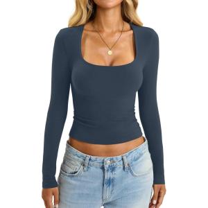 Womens Cotton Tops Long Sleeve T Shirts Square Neck Y2k Tops Slim Fit Going Out Fall Fashion Clothes 2025(Navy Blue)