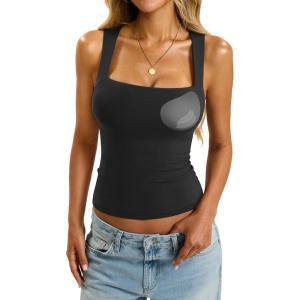 Womens Padded Tank Tops Double Lined Built in Bra Sleeveless Top Square Neck Slim Fitted Summer T Shirts 2025(Black)