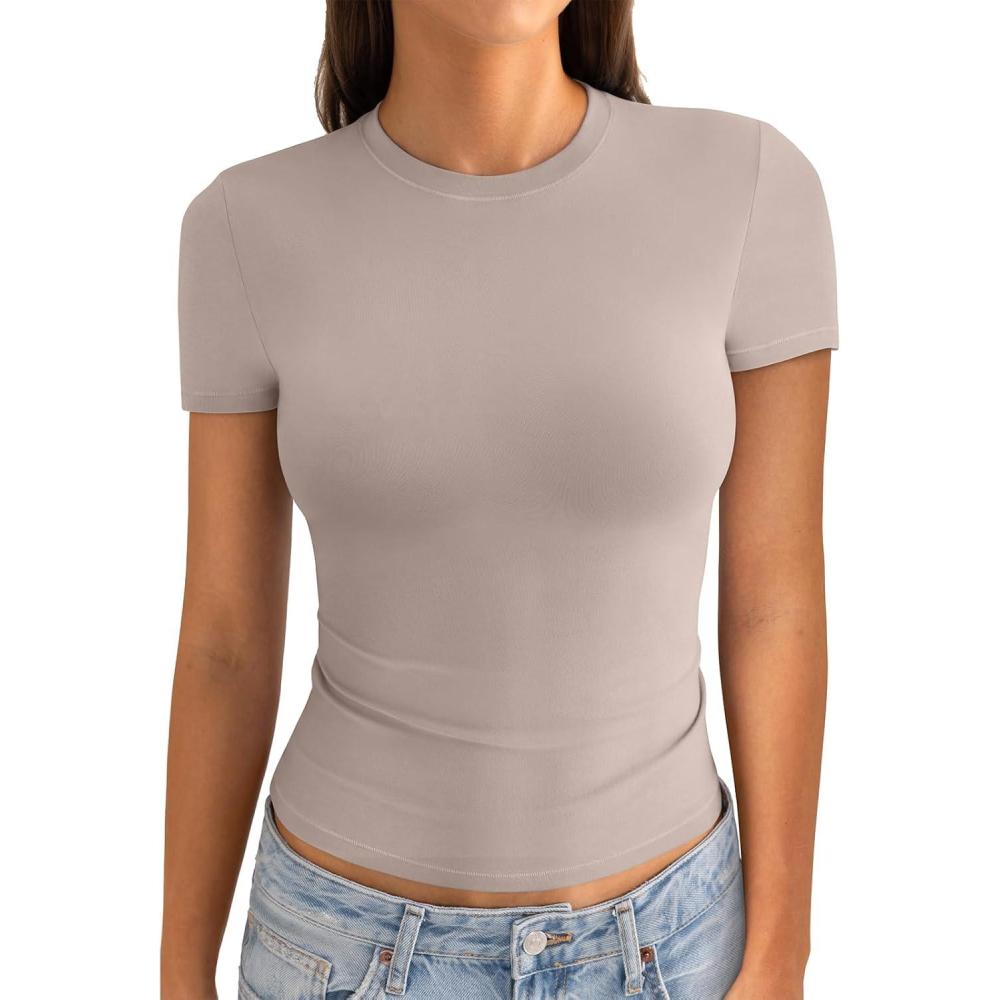 image:imageWomens Cotton Crew Neck Short Sleeve Shirts Summer Top Trendy Fitted Crop Tops Basic Going Out TeeApricot