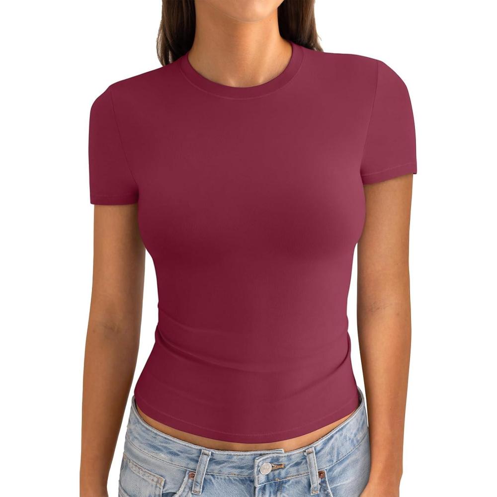image:imageWomens Cotton Crew Neck Short Sleeve Shirts Summer Top Trendy Fitted Crop Tops Basic Going Out TeeMagenta