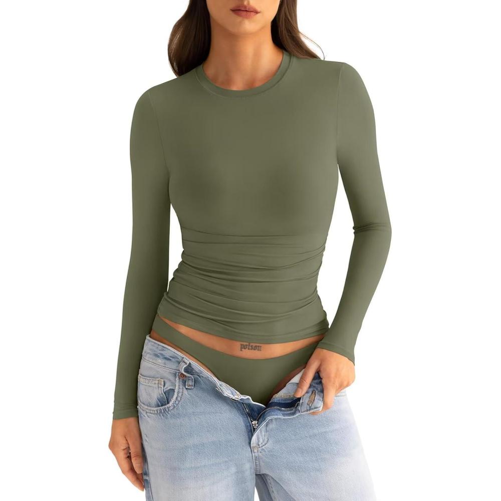 image:imageWomens Double Lined Long Sleeve Shirts Crewneck Ruched Top Tight Fitted Basic Tee Fall Going Out Outfits 2026Army Green
