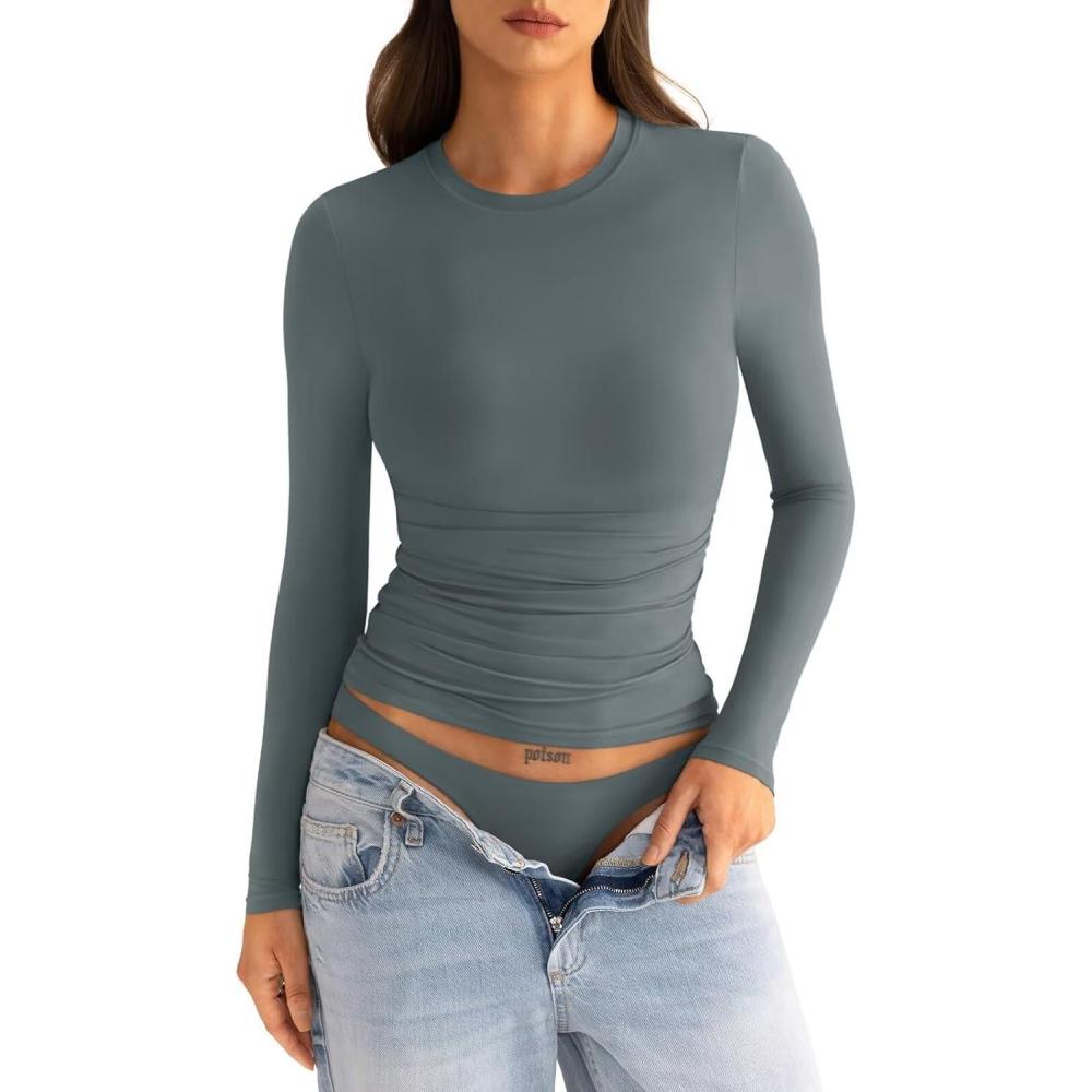 image:imageWomens Double Lined Long Sleeve Shirts Crewneck Ruched Top Tight Fitted Basic Tee Fall Going Out Outfits 2026Gray