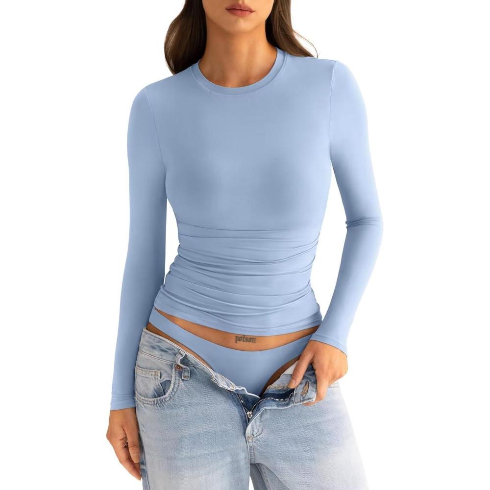 image:imageWomens Double Lined Long Sleeve Shirts Crewneck Ruched Top Tight Fitted Basic Tee Fall Going Out Outfits 2026Light Blue