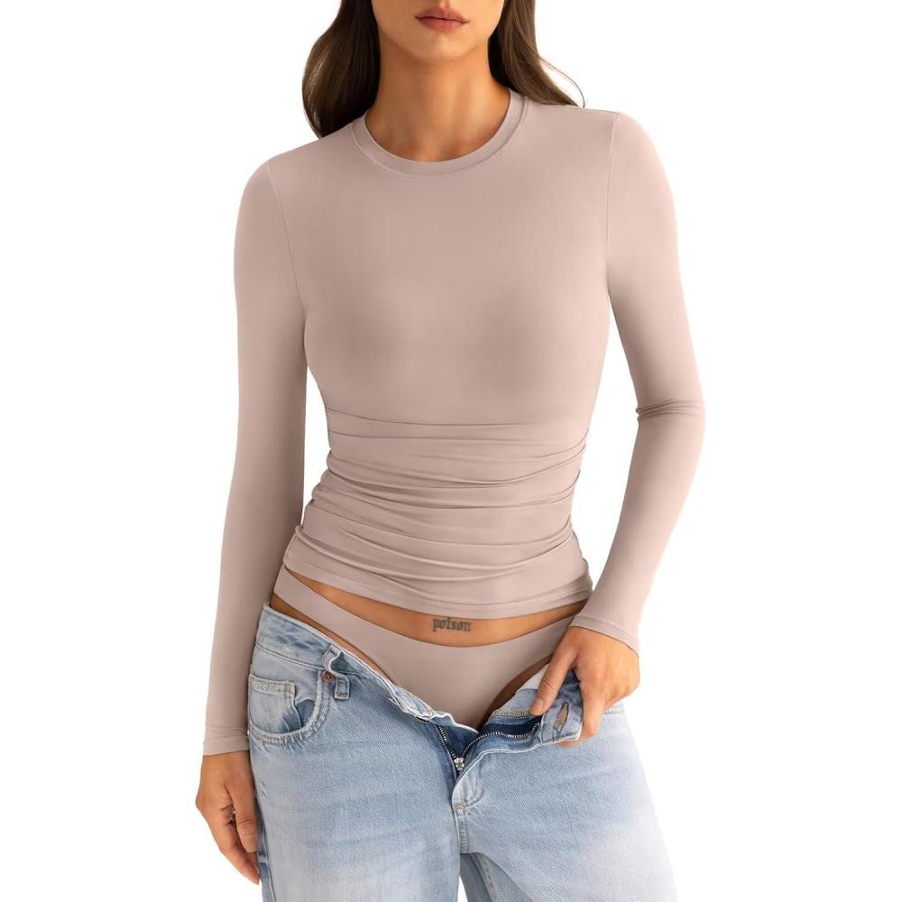 image:imageWomens Double Lined Long Sleeve Shirts Crewneck Ruched Top Tight Fitted Basic Tee Fall Going Out Outfits 2026Taupe Gray