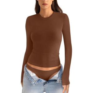 Womens Cotton Long Sleeve Shirts Crew Neck Fitted Basic Going Out Outfits Undershirt Spring Fall Clothes 2025(Brown)