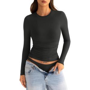 Womens Double Lined Long Sleeve Shirts Crewneck Ruched Top Tight Fitted Basic Tee Fall Going Out Outfits 2026(Black)