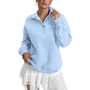 Womens Fleece Sweatshirts Oversized Henley Neck Long Sleeve Button Pullover Tops Trendy Outfits Clothes 2026(Light Blue)