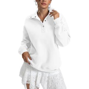 Womens Fleece Sweatshirts Oversized Henley Neck Long Sleeve Button Pullover Tops Trendy Outfits Clothes 2026(White)