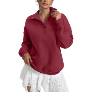 Womens Fleece Sweatshirts Oversized Henley Neck Long Sleeve Button Pullover Tops Trendy Outfits Clothes 2026(Wine Red)
