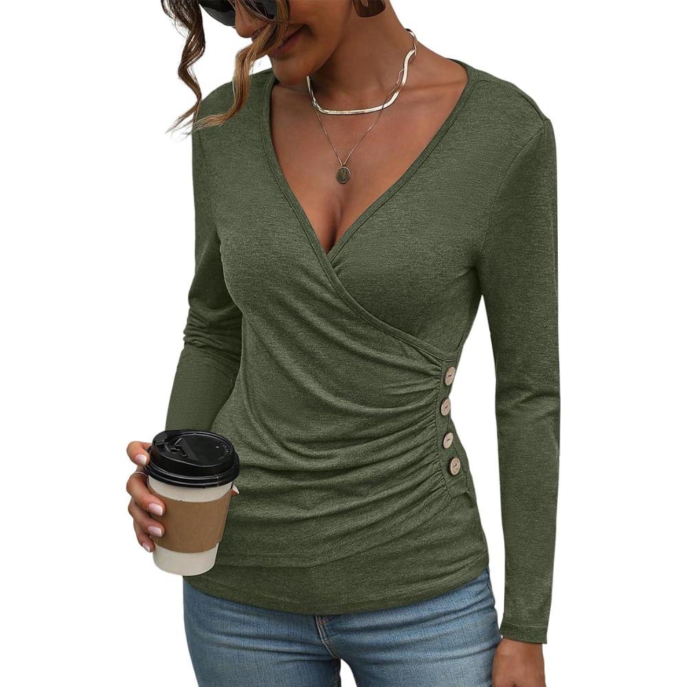 image:imageWomens Long Sleeve Deep V Neck Tops Wrap Ruched Slim Fit Shirts Button Side Blouse Sexy Fall Outfits 2025Army Green