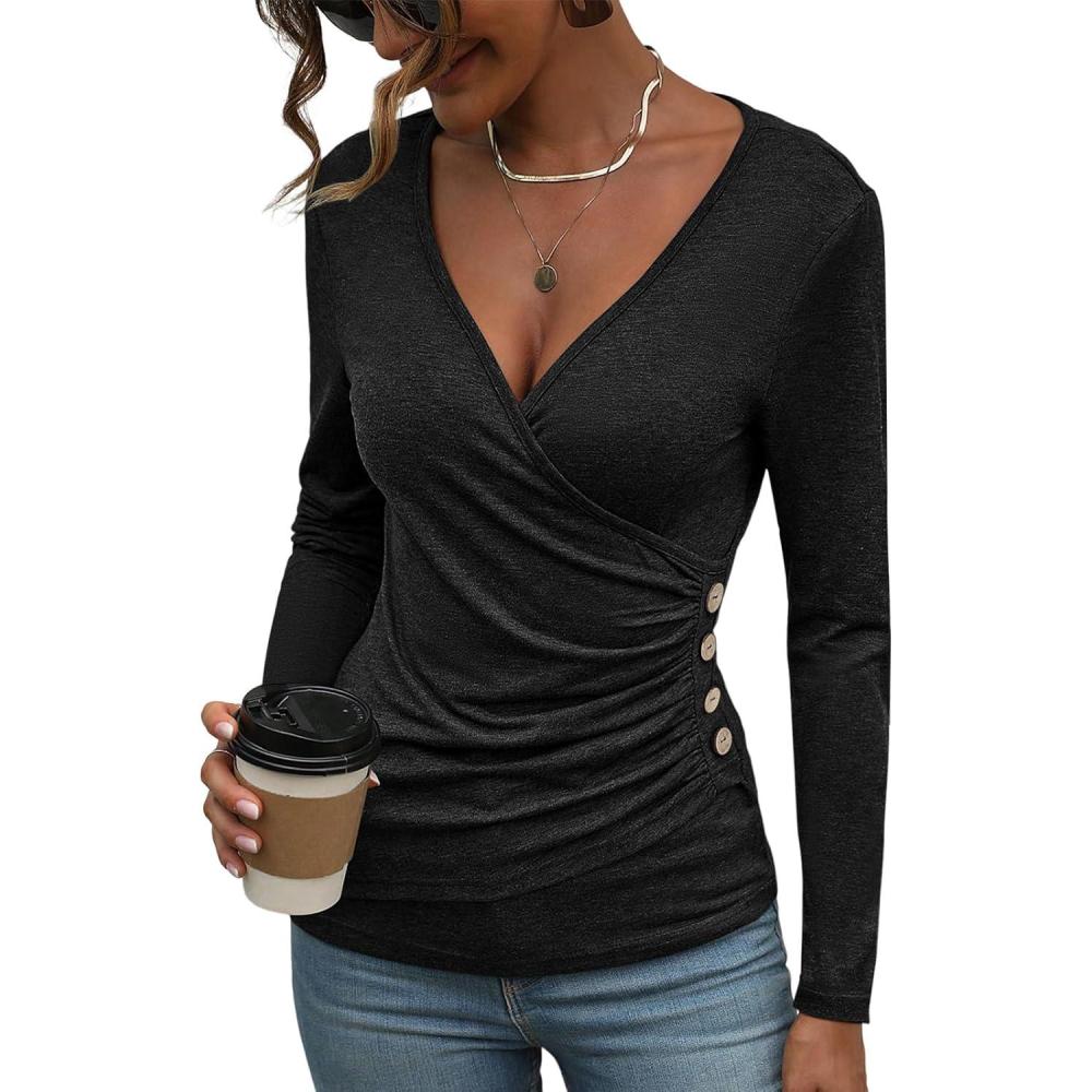 image:imageWomens Long Sleeve Deep V Neck Tops Wrap Ruched Slim Fit Shirts Button Side Blouse Sexy Fall Outfits 2025Black