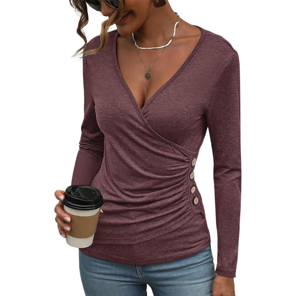 image:imageWomens Long Sleeve Deep V Neck Tops Wrap Ruched Slim Fit Shirts Button Side Blouse Sexy Fall Outfits 2025Burgundy