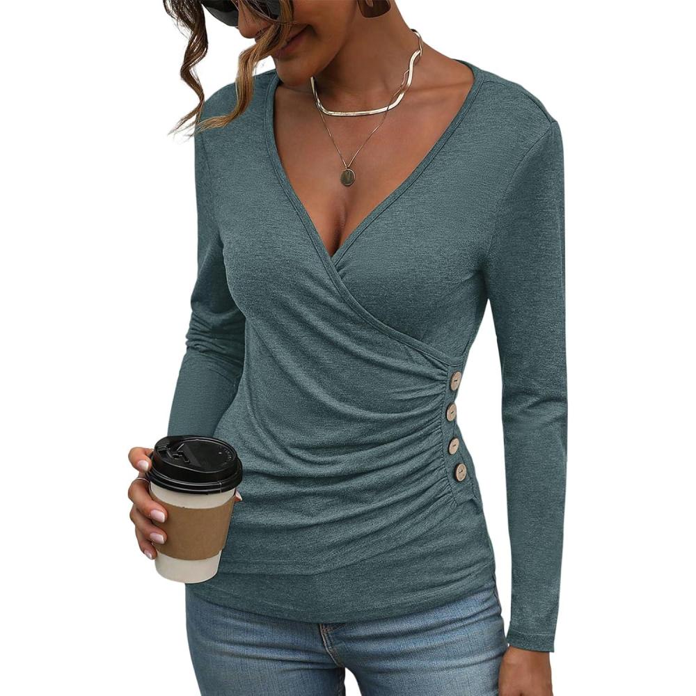 image:imageWomens Long Sleeve Deep V Neck Tops Wrap Ruched Slim Fit Shirts Button Side Blouse Sexy Fall Outfits 2025Dark Green