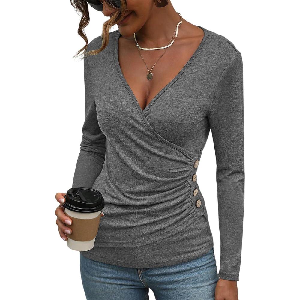 image:imageWomens Long Sleeve Deep V Neck Tops Wrap Ruched Slim Fit Shirts Button Side Blouse Sexy Fall Outfits 2025Dark Grey
