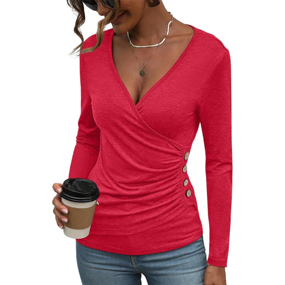 image:imageWomens Long Sleeve Deep V Neck Tops Wrap Ruched Slim Fit Shirts Button Side Blouse Sexy Fall Outfits 2025Red