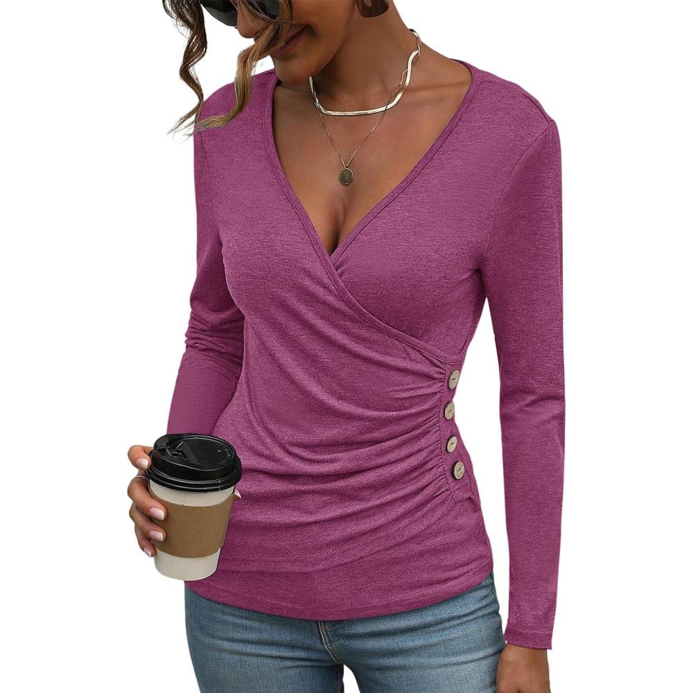 image:imageWomens Long Sleeve Deep V Neck Tops Wrap Ruched Slim Fit Shirts Button Side Blouse Sexy Fall Outfits 2025Rose Pink