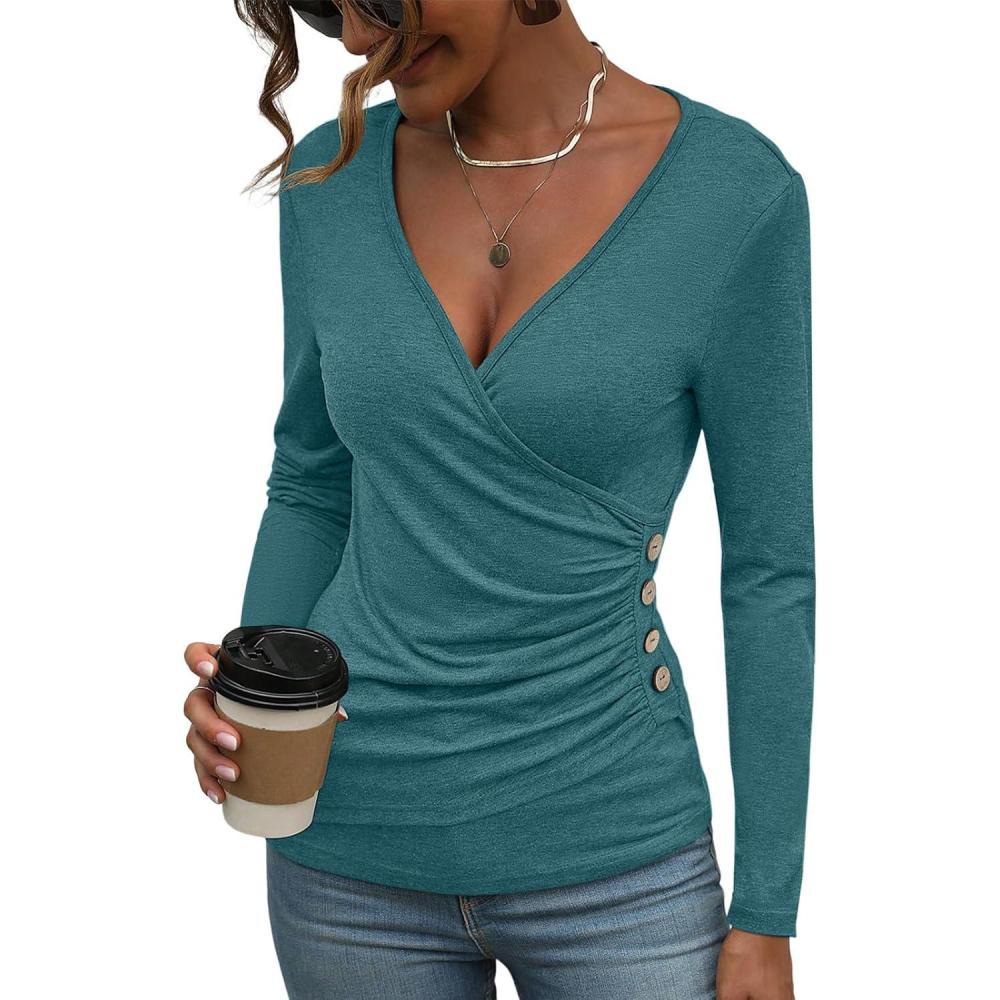image:imageWomens Long Sleeve Deep V Neck Tops Wrap Ruched Slim Fit Shirts Button Side Blouse Sexy Fall Outfits 2025Teal Blue