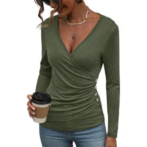 Women’s Long Sleeve Deep V Neck Tops Wrap Ruched Slim Fit Shirts Button Side Blouse Sexy Fall Outfits 2025(Army Green)