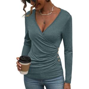 Women’s Long Sleeve Deep V Neck Tops Wrap Ruched Slim Fit Shirts Button Side Blouse Sexy Fall Outfits 2025(Dark Green)