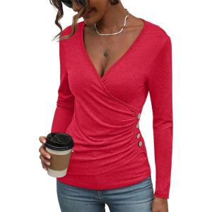 Women’s Long Sleeve Deep V Neck Tops Wrap Ruched Slim Fit Shirts Button Side Blouse Sexy Fall Outfits 2025(Red)
