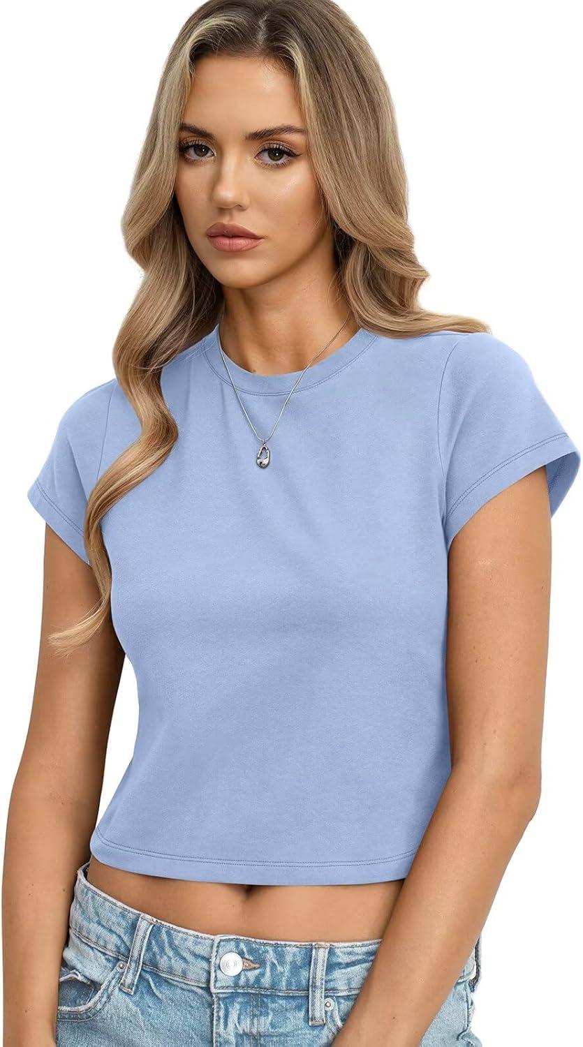 image:imageWomens Cotton T Shirts Basic Baby Tee Crop Tops Crewneck Slim Fit Short Sleeves Tee Summer Cute Clothes 2026Baby Blue